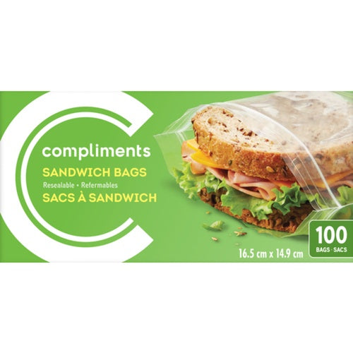 Compliments Sandwich Bag, Resealable, 100 Bags