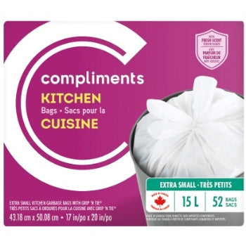 Compliments Grip N Tie Kitchen Garbage Bags, Extra Small 15L Scented, 52 Bags