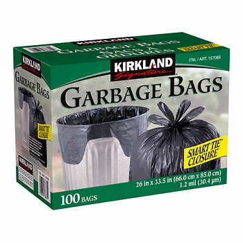 Kirkland Garbage Bags, Smart Tie, 26"x33.5", 30 gallon, 100 bags
