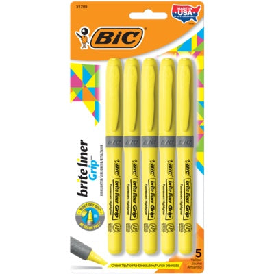 Bic Brite Liner Grip Highlighter, Chisel Tip, Yellow, 5-pack