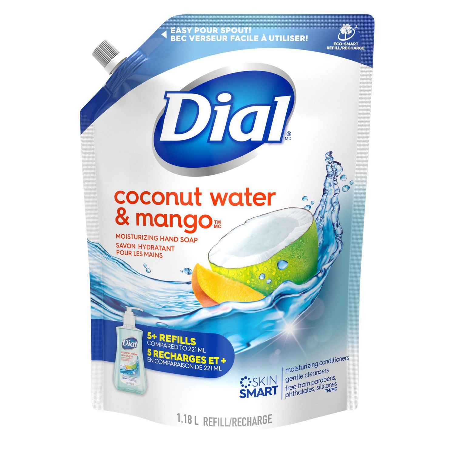 Dial Hand Soap Refill, Coconut Water & Mango, Moisturizing, 1.18 L