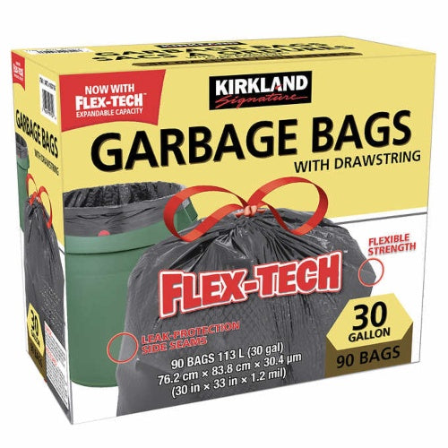 Kirkland Garbage Bags, Drawstring with Flex-Tech 30 in x 33 in, 113L (30 gallon), 90 bags