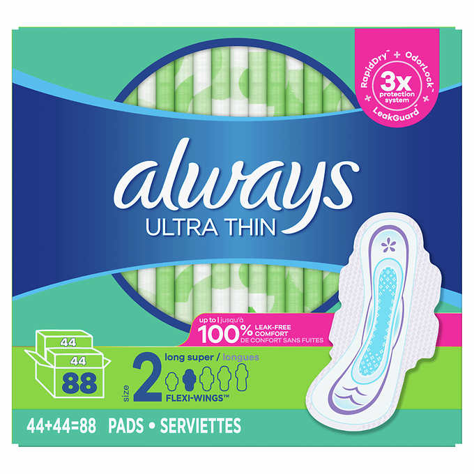 Always Ultra Thin Pads, Long Super Size 2 with Flexi-Wings, Unscented, 44 Pads