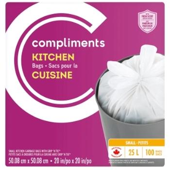 Compliments Grip N Tie Garbage Bags, Sm 25L Scented, 100 Bags