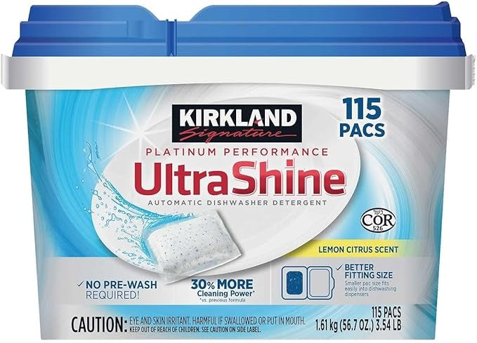 Kirkland, Premium Performance, Ultra Shine Dishwasher Detergent, Lemon Citrus, 115pacs