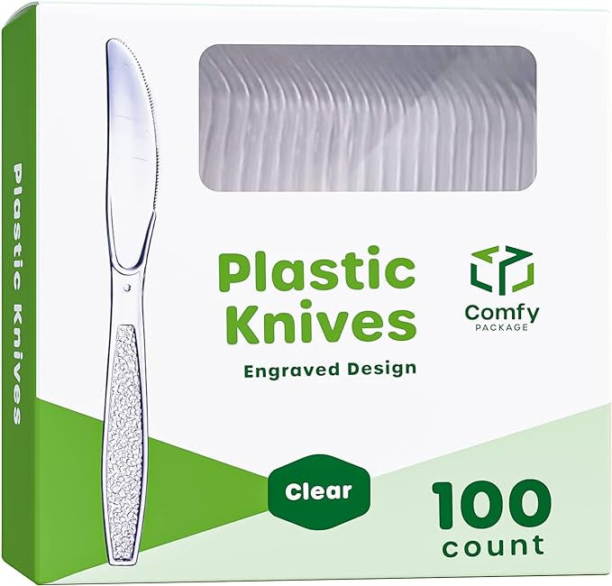 Comfy, Heavyweight Disposable Clear Knives, Engraved Design, 100