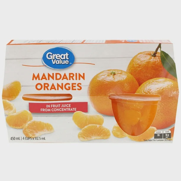 Great Value Fruit Cups, Mandarin oranges, 4 cups x112ml