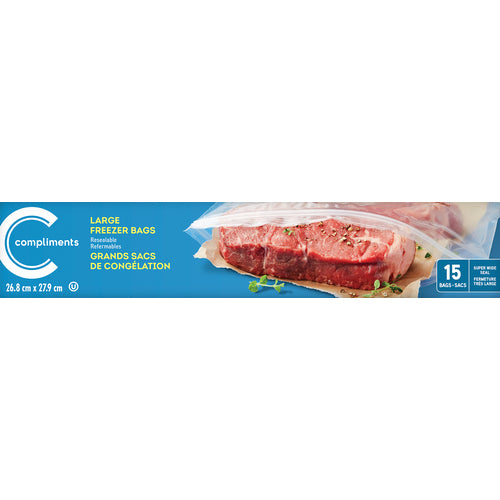 Compliments Large Freezer Bags, Resealable, 15