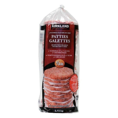 Kirkland Patties, Uncooked Lean Sirloin Beef, 1/3 lb each, 18, 2.72 kg