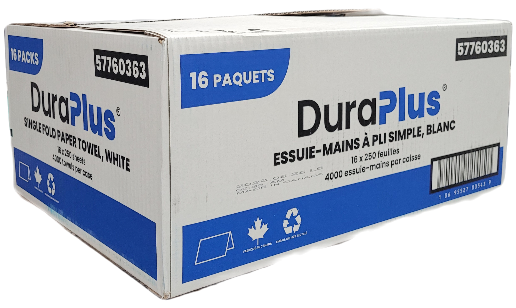 57760363 DuraPlus Single Fold Paper Towel, White, 16 x 250 sheets