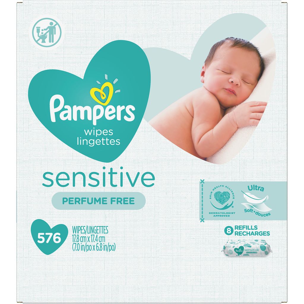 Pampers Baby Wipes, Sensitive Fragrance Free,  Resealable Refill Packs, 8 x 72