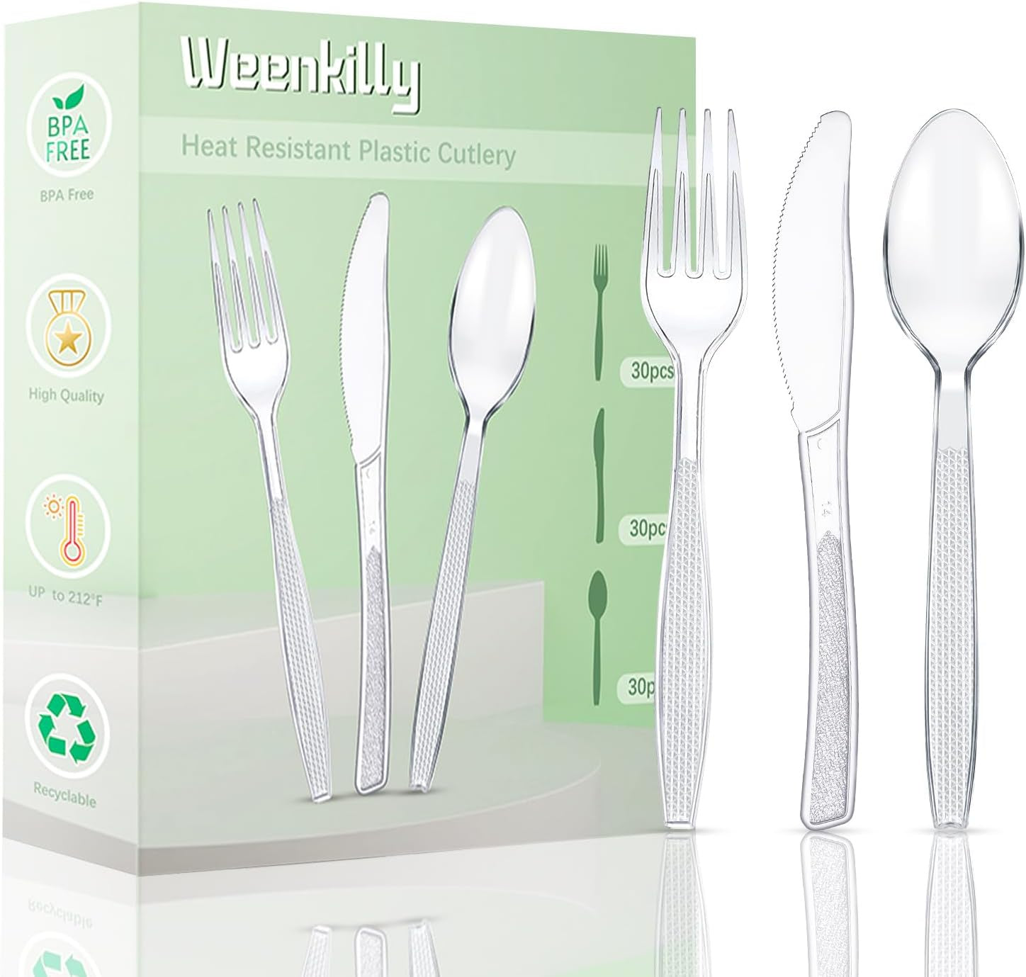 Weenkilly, Plastic Cutlery Set 90 Pieces,30 Plastic Forks,Knives and Plastic Spoons