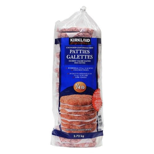 Kirkland Patties, Uncooked Lean Ground Beef, 1/4 lb each, 24, 2.72 kg