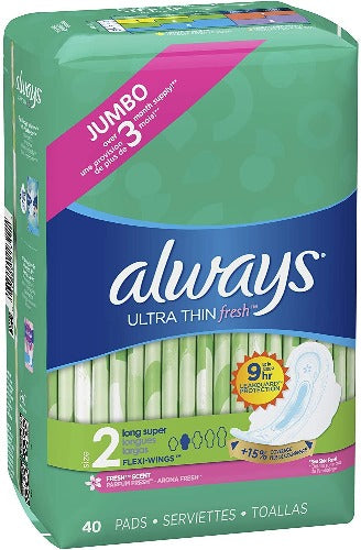Always Ultra Thin Pads, Long Super Size 2 with Flexi-Wings Fresh Scented, 40 Pads