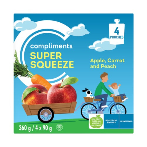 Compliments Super Squeeze Fruit Pouch, Apple Carrot Peach, 4 x 90 g