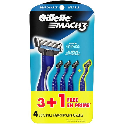 Gillette Razors, Mach3, 3+1Free, 4 Disposable Razor