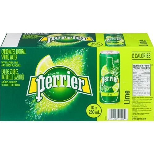 Perrier, Carbonated Natural Spring Water, Slim Can, Lime, 10x250ml