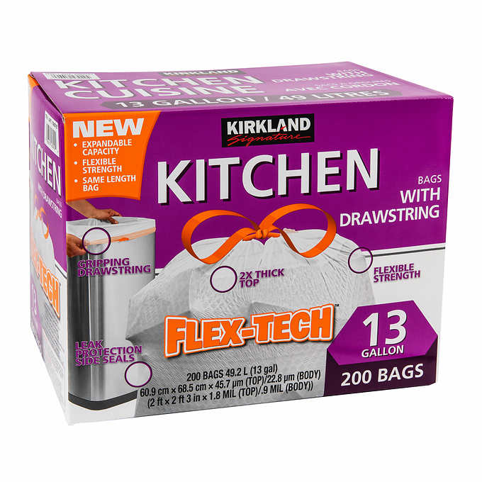 Kirkland Garbage Bags, Kitchen,  Flex-Tech Drawstring, Unscented, 24"x24"x3", 49.2L, Box of 200 Bags